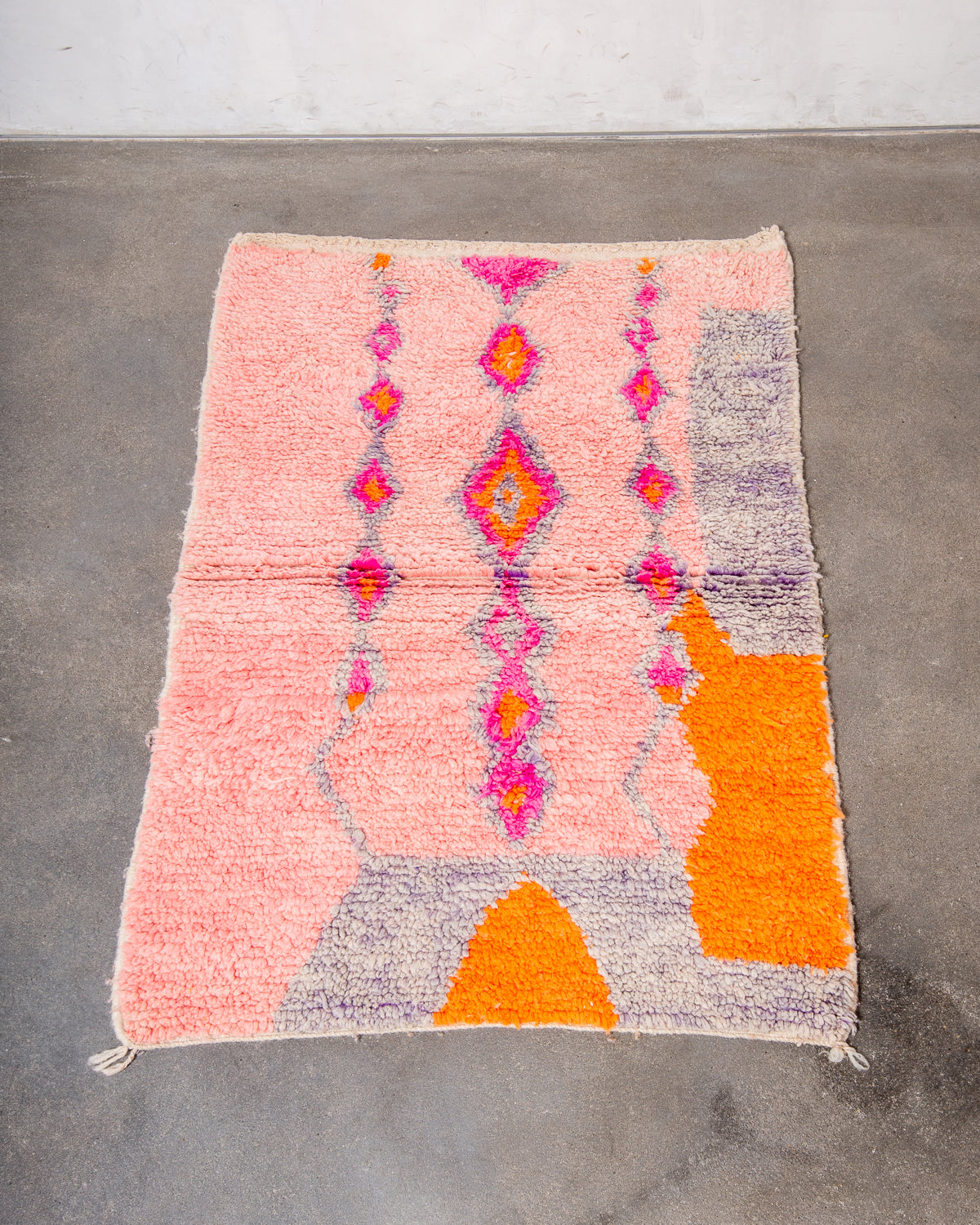Modern, designer, handcrafted Berber rug from Morocco. Vintage carpet with beautiful colours and patterns and fluffy texture.